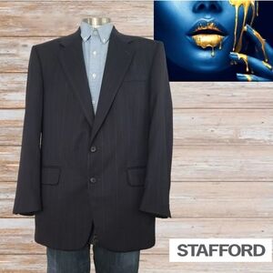 Stafford Blazer Sport Jacket Coat Mens‎ 42R Wool Blender Black Striped